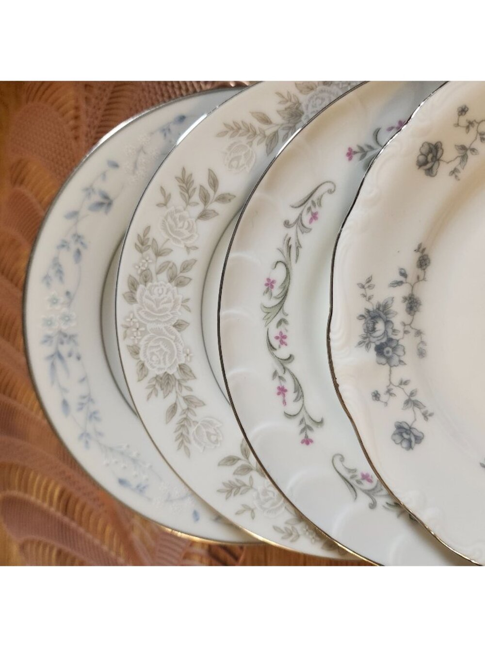 4- Mismatched Floral Silver Rim Fine China Dessert Cake Plates ~6.25" Porcelain